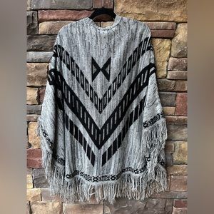 poncho wrap with Fringe One size Black grey